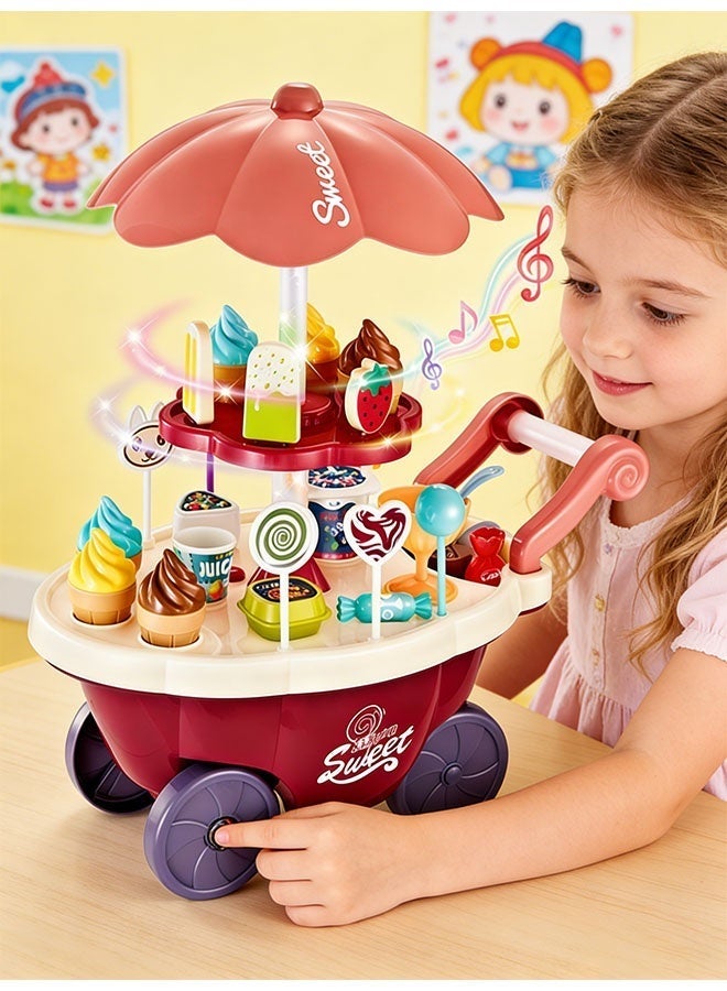 Kitchen Playset Ice Cream Cart Toy for Kids with Light And Music Pretend Play Ice Cream Shop Set Toy Kitchen Cooking Toy Children's Kitchen Playhouse Toys with Candy Ice Cream Role Play Cookware Indoor DIY Toy Games Kitchen Accessories Toys for 3+ Years Old Boys and Girls - Image 3